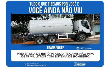 PREFEITURA DE IBITIÚRA ADQUIRE CAMINHÃO PIPA DE 15 MIL LITROS COM SISTEMA DE BOMBEIRO